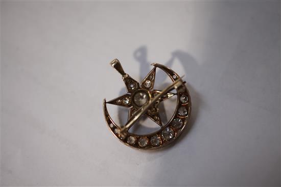 A Victorian gold and silver, diamond crescent and star brooch, now converted to a pendant, pendant 1.25in.